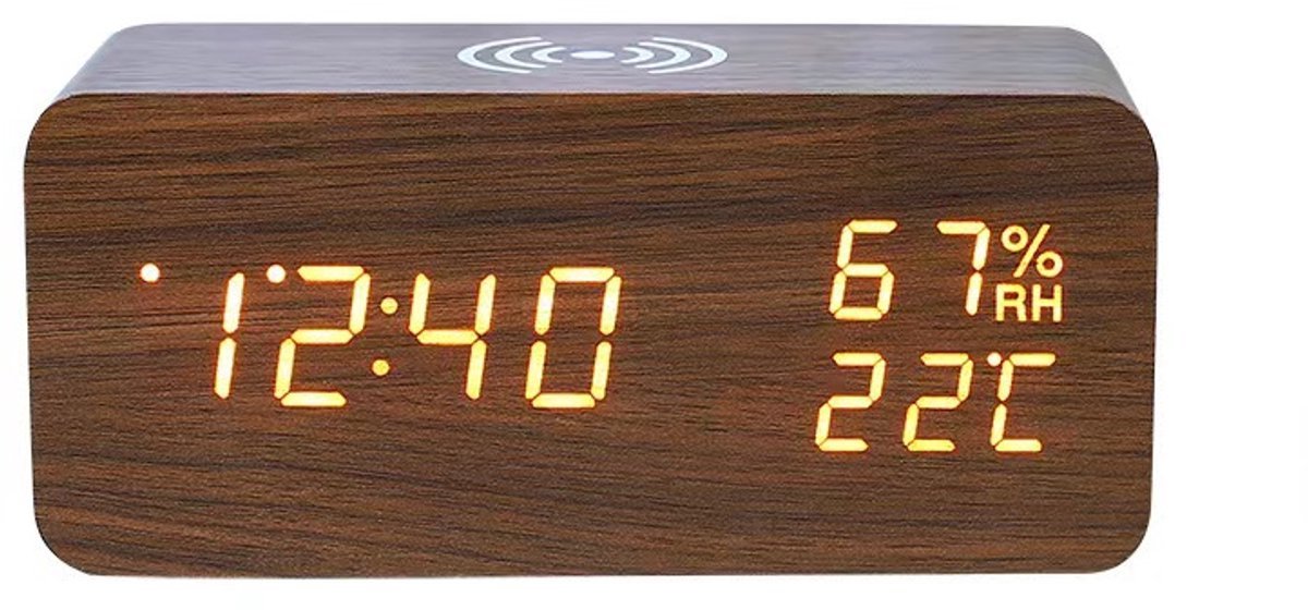 Houten Digitale Wekker - Wekkers - Hout - Draadloos opladen - Weerstation Binnen