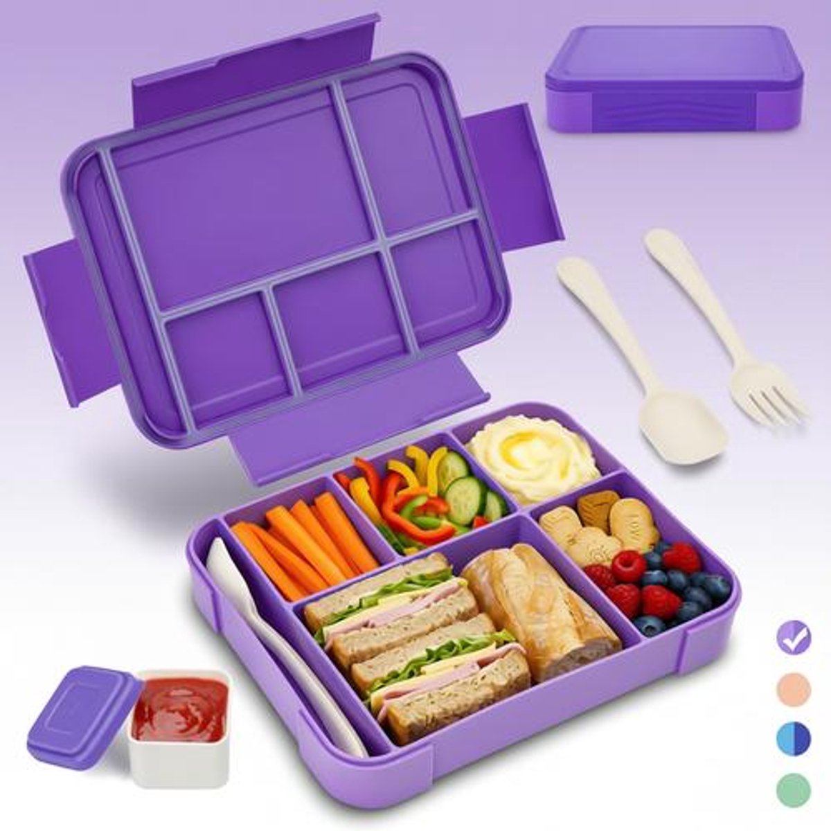 BILMU Lunchbox Kinderen met Vakken Lekvrij 1300ml, BPA-vrij Bento Box met 5 Compartimenten & Sausbakje, Broodtrommel voor School, Kleuterschool & Uitstapjes, Lichtgewicht 340g