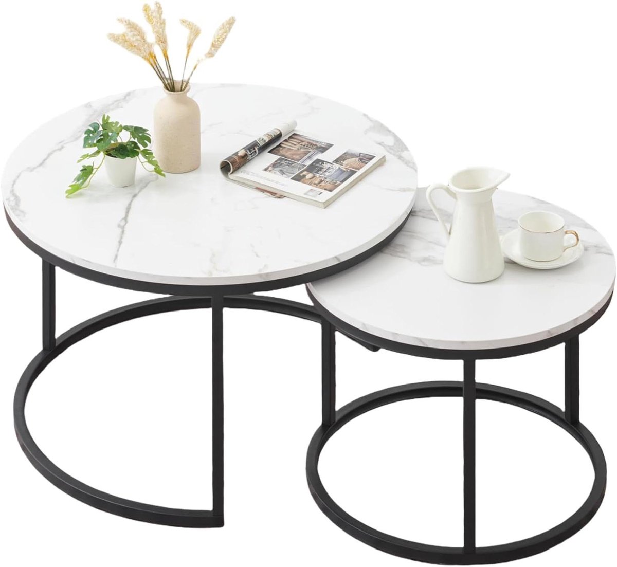 Salontafel set - Ronde bijzettafels - Woonkamer inrichten - Marmerlook design - Set van 2 - Wit en zwart