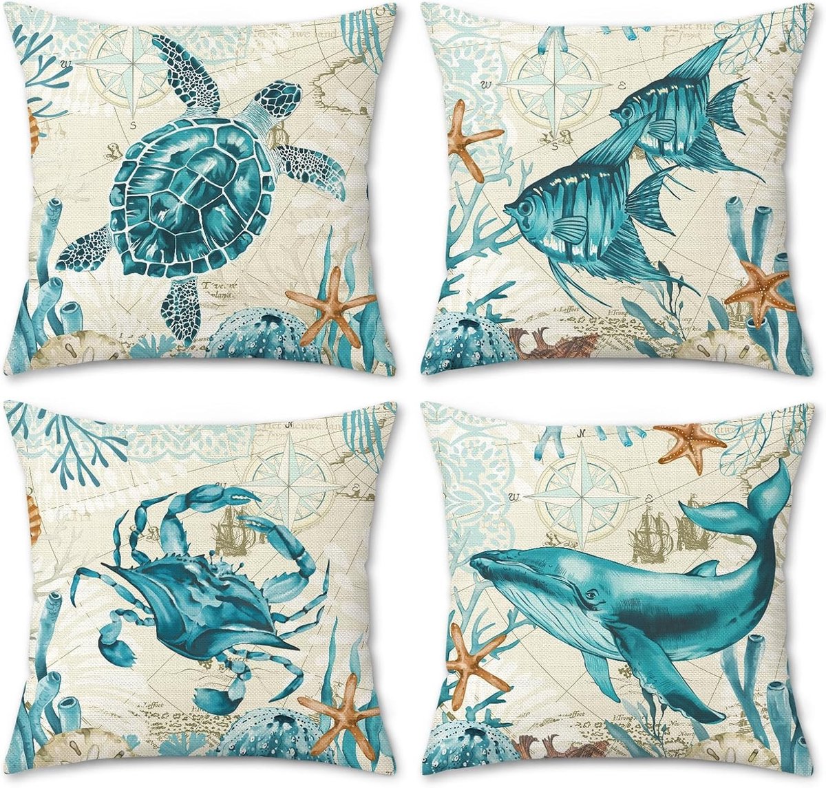 Decoratieve nautische kussenslopen met zeeschildpad, walvis en krab voor buitengebruik, 45 x 45 cm, set van 4 voor terras en woonkamer