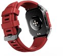 Achterkant van een rode smartwatch met een zwart, koolstofvezel-achtig patroon en sensoren.