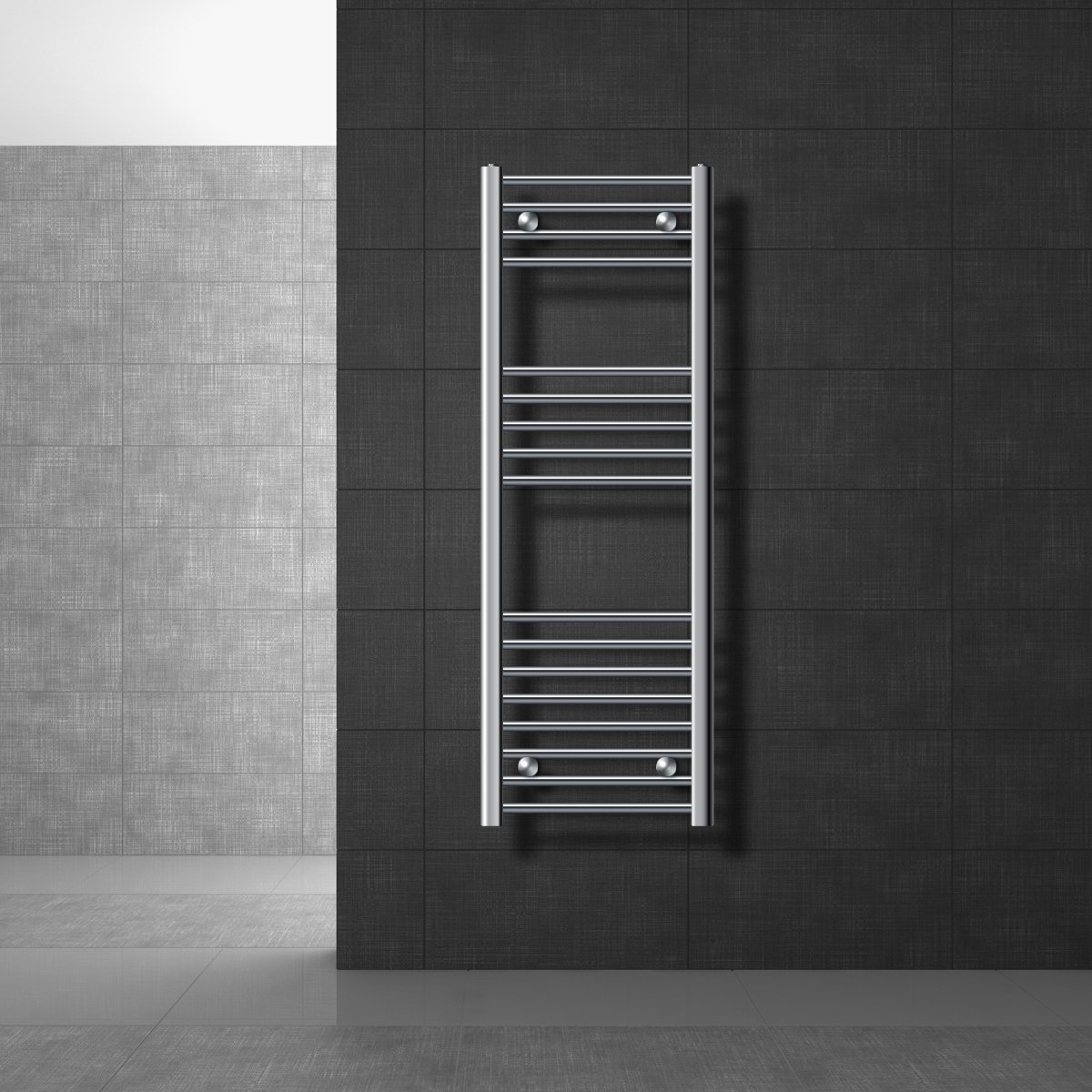 Elektrische badkamerradiator met verwarmingselement 1200W 400x1200 mm chroom gebogen met zijaansluiting & thermostaat digitaal display LuxeBath