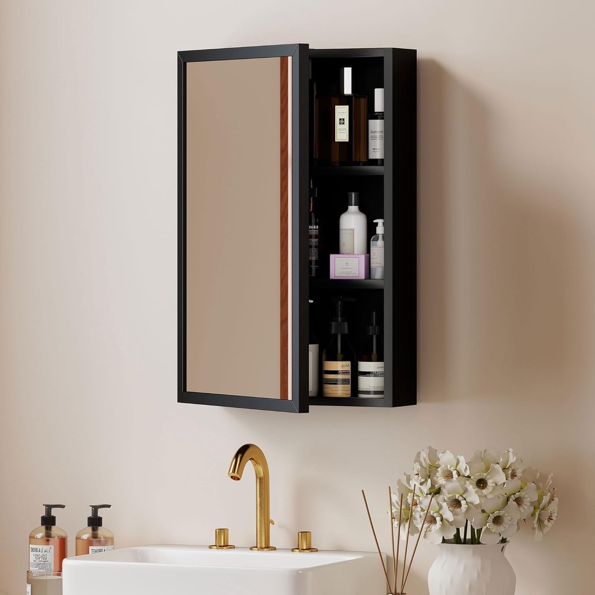 kleankin Spiegelkast badkamerkast 3 etages zwart 40x12x60 cm | Medicijnkast, hangkast voor slaapkamer