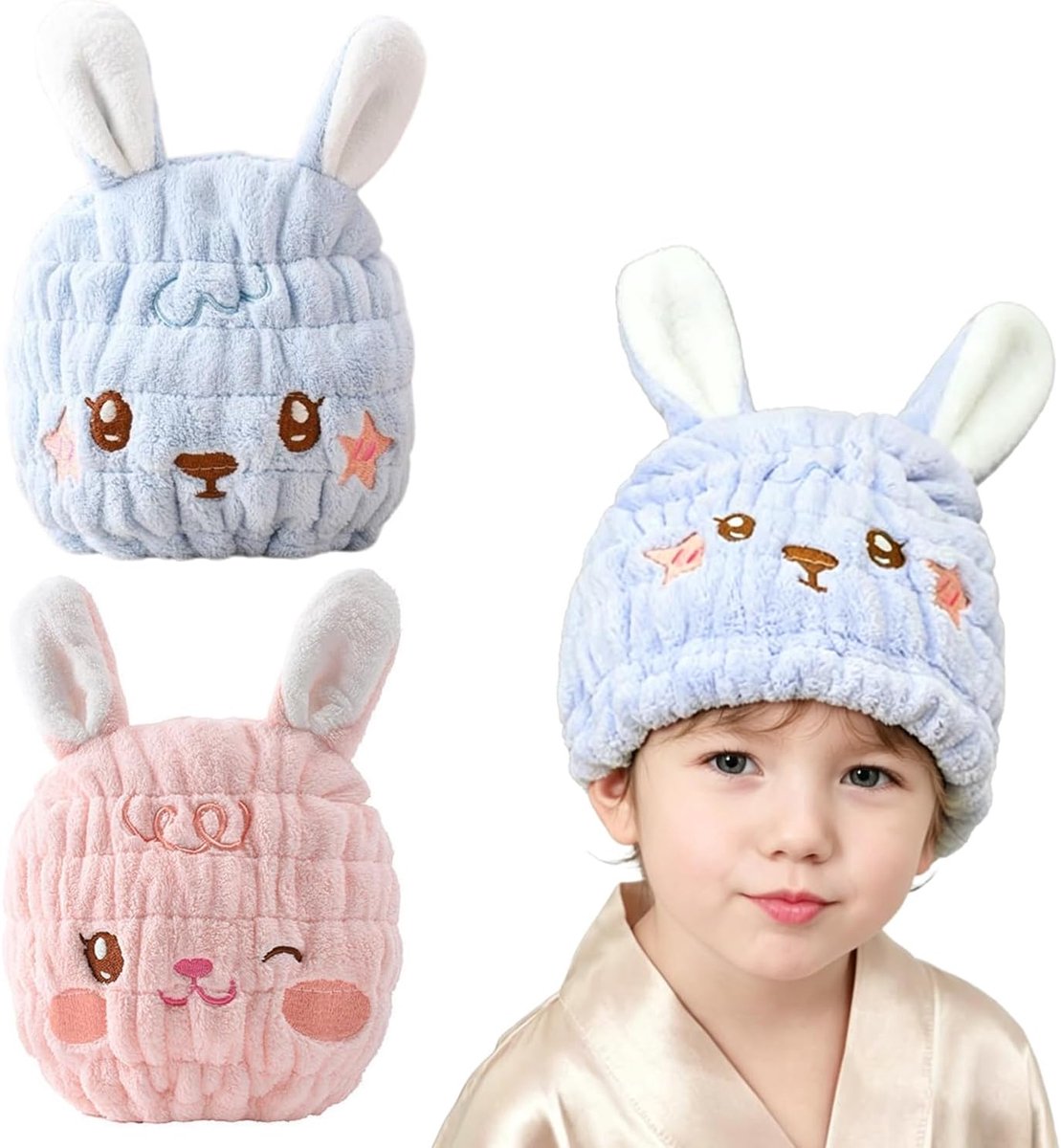 SnelShoppen - 2 Stuks Haarhanddoeken voor Kinderen, Sneldrogende Microvezel Tulband met Schattig Konijnenontwerp, Superabsorberend en Zacht, Voor Bad