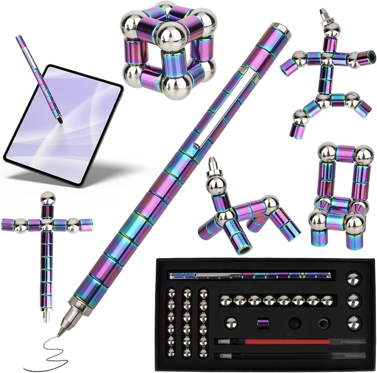 Rubidium, magnetische fidget-pen, kleurrijk, set, ijzer, boor, magneetstift voor stressvermindering, capacitieve aanraking, magneetstift met opbergdoos, Adhs pen voor volwassenen studenten