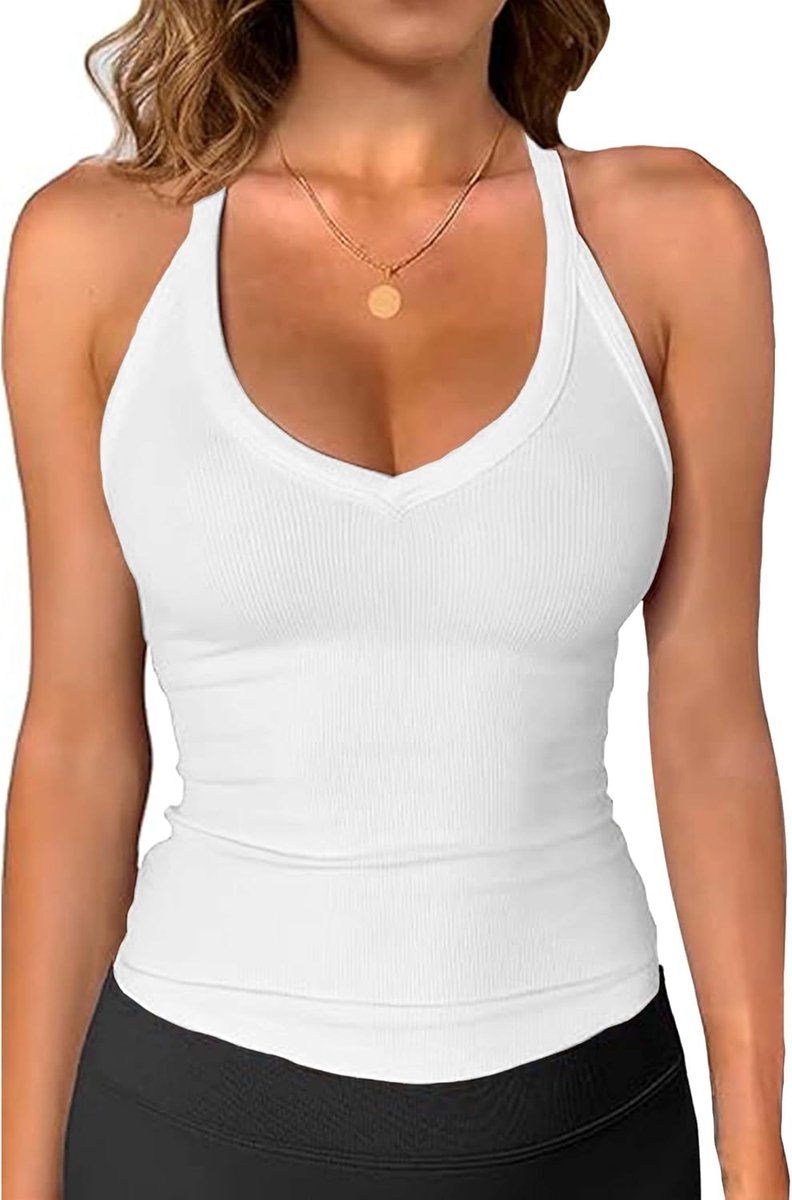 Onderhemd voor dames, tanktop met geïntegreerde beha, V-hals, spaghettibandjes, top, crop slim fit, basic top, zomer, topje, camisole beha, hemd voor dames, met cups, gym, bovenstuk, sport