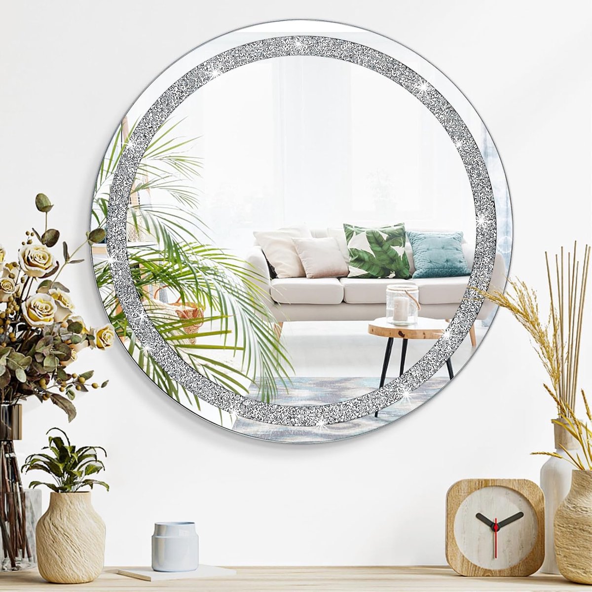 SnelShoppen - Crystal Crush Diamanten Wandspiegel - Rond Zonder Frame Zilver met Bling voor Gang, Badkamer, Slaapkamer, Woonkamer, 60 x 60 cm