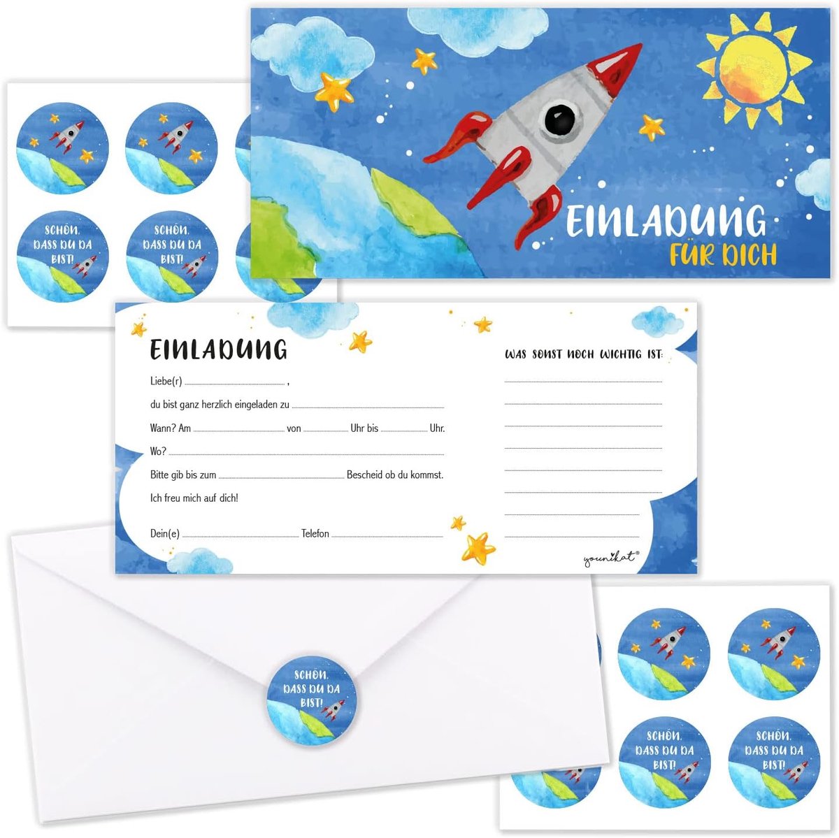 uitnodigingskaarten kinderen - wereldmotief - DIN lang formaat - perfect voor astronauten themafeest - SnelShoppen