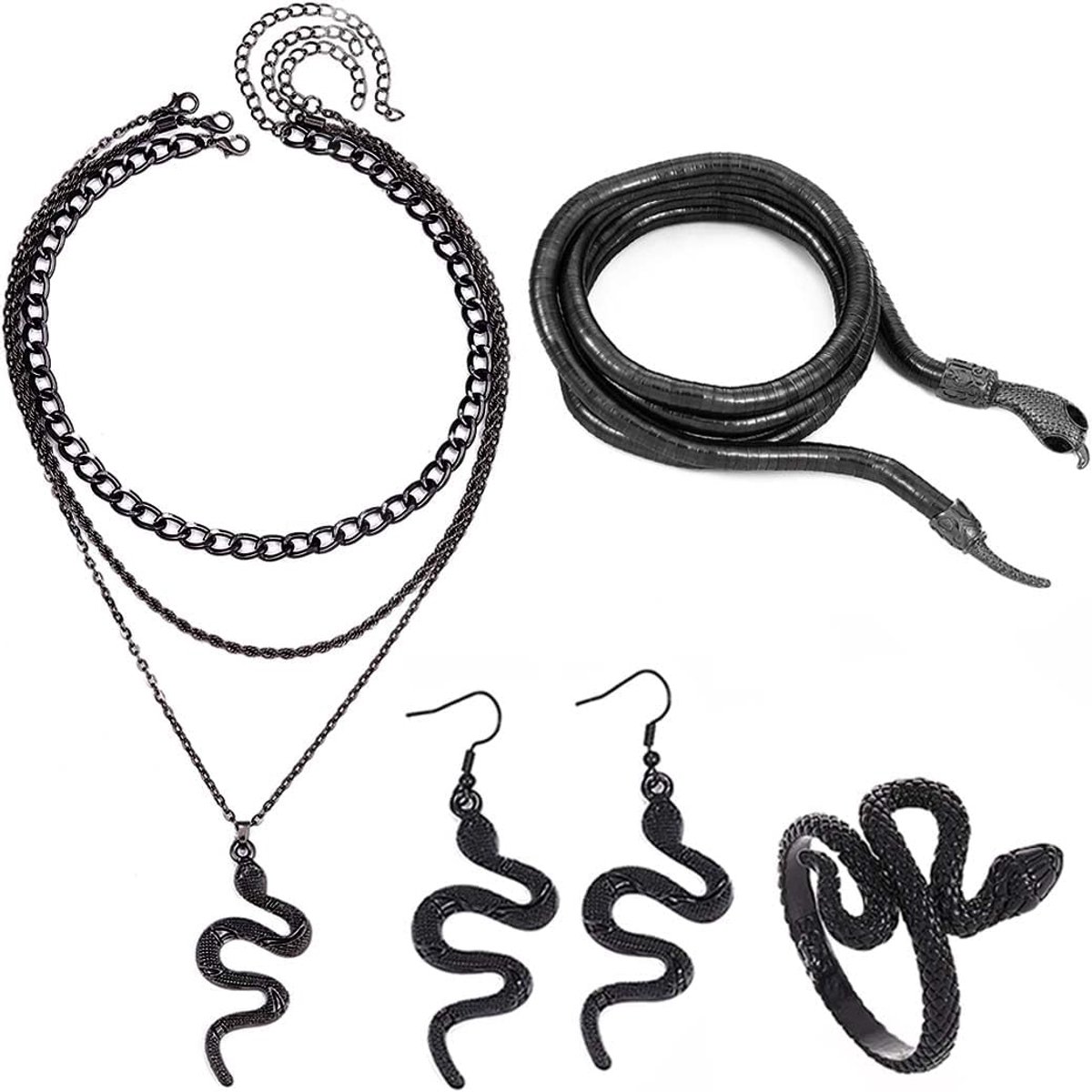 Snake Sieraden Set Goud Gelaagde Snake Ketting Oorbellen Verstelbare Snake Ringen Medusa Snake Kostuum Hollween Sieraden voor Vrouwen (Pack van 4)