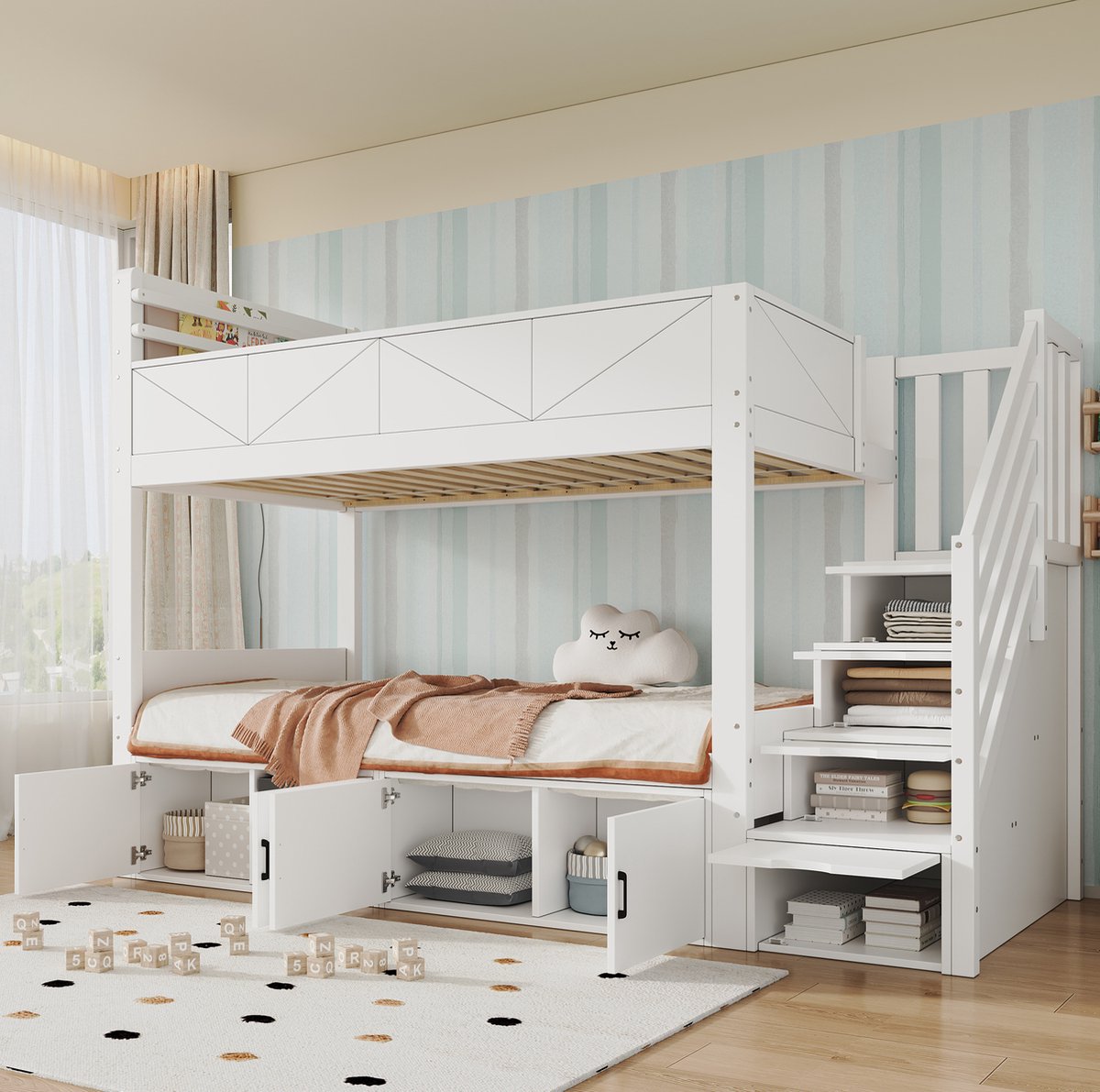 FloraGrace Stapelbed 90x200 cm - Opbergbed met Trap en Kastvakken - Met Uitvalbeveiliging - Voor Kinderen - Hout MDF - Wit Zonder Matras