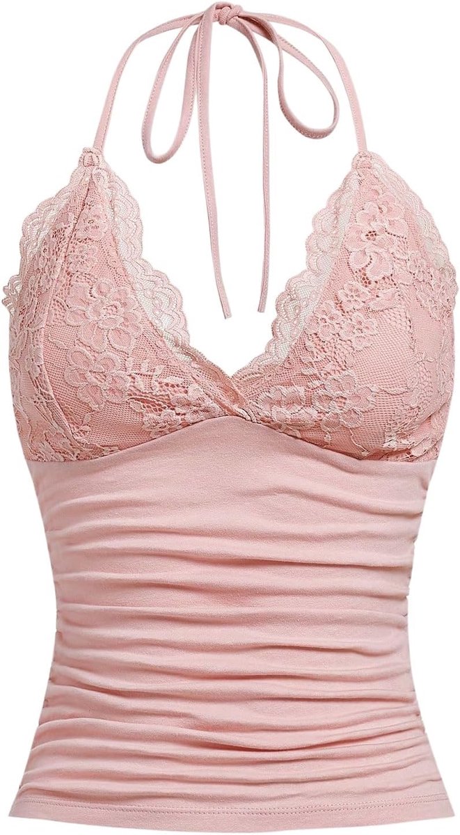 Y2k Camisole met bandjes voor dames, crop top, haltertop, met contrasterende kant