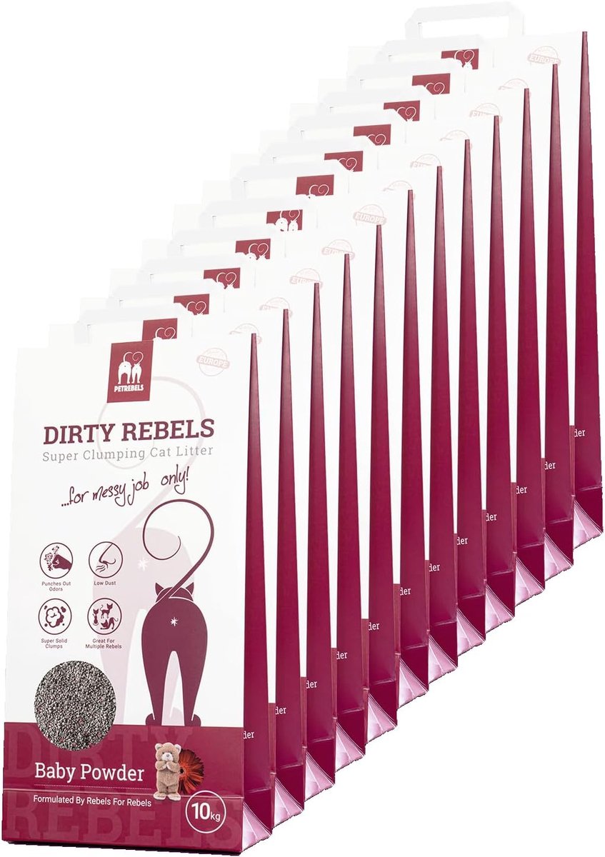 SnelShoppen - Dirty Rebels Kattenbakvulling 6-Pack - 6 x 10 Liter - Baby Poeder Geur - Klompvormend - 100% Natuurlijk - Premium Kwaliteit
