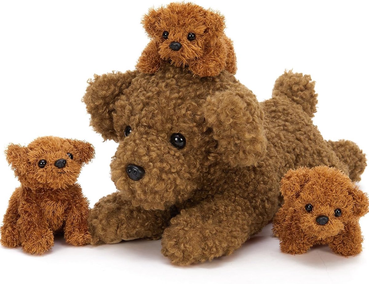 Enorme poedel teddyhond, knuffeldier XXL met 3 puppy's in de buik, 47 cm groot, verjaardag Kerstmis cadeau voor kinderen en baby