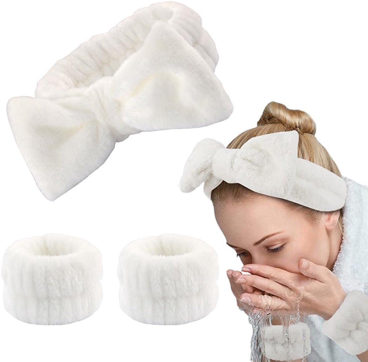 SnelShoppen - 3 Stuks Spa Hoofdband en Polsband Set Zacht Make-up Hoofdband Elastische Pols Zweetband voor Vrouwen Douche Gezichtsreiniging Yoga Sport