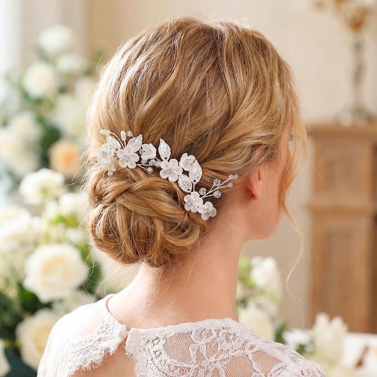 Haarspelden blad bruiloft haarstukje zilver strass haarspelden parel haaraccessoires voor vrouwen en bruiden (verpakking van 3) (zilver, één maat)