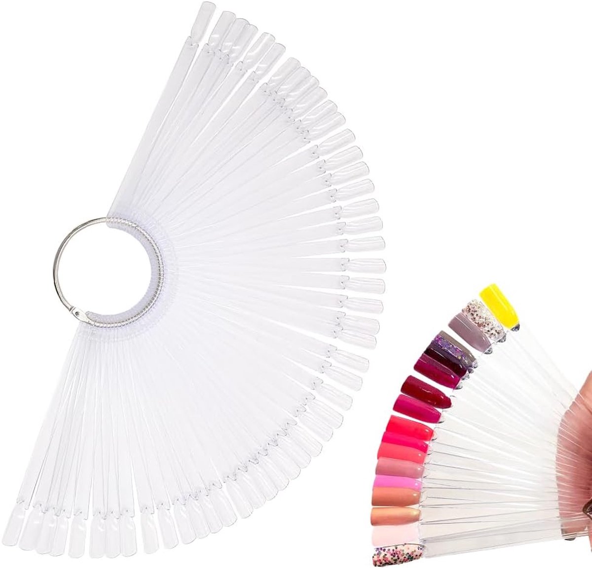 Nail Art Kleurstaal Set - 50 Transparante Fanvormige Kaarten - Inclusief Display Ring - Ideaal voor Kleurmonsters - ShopVlot