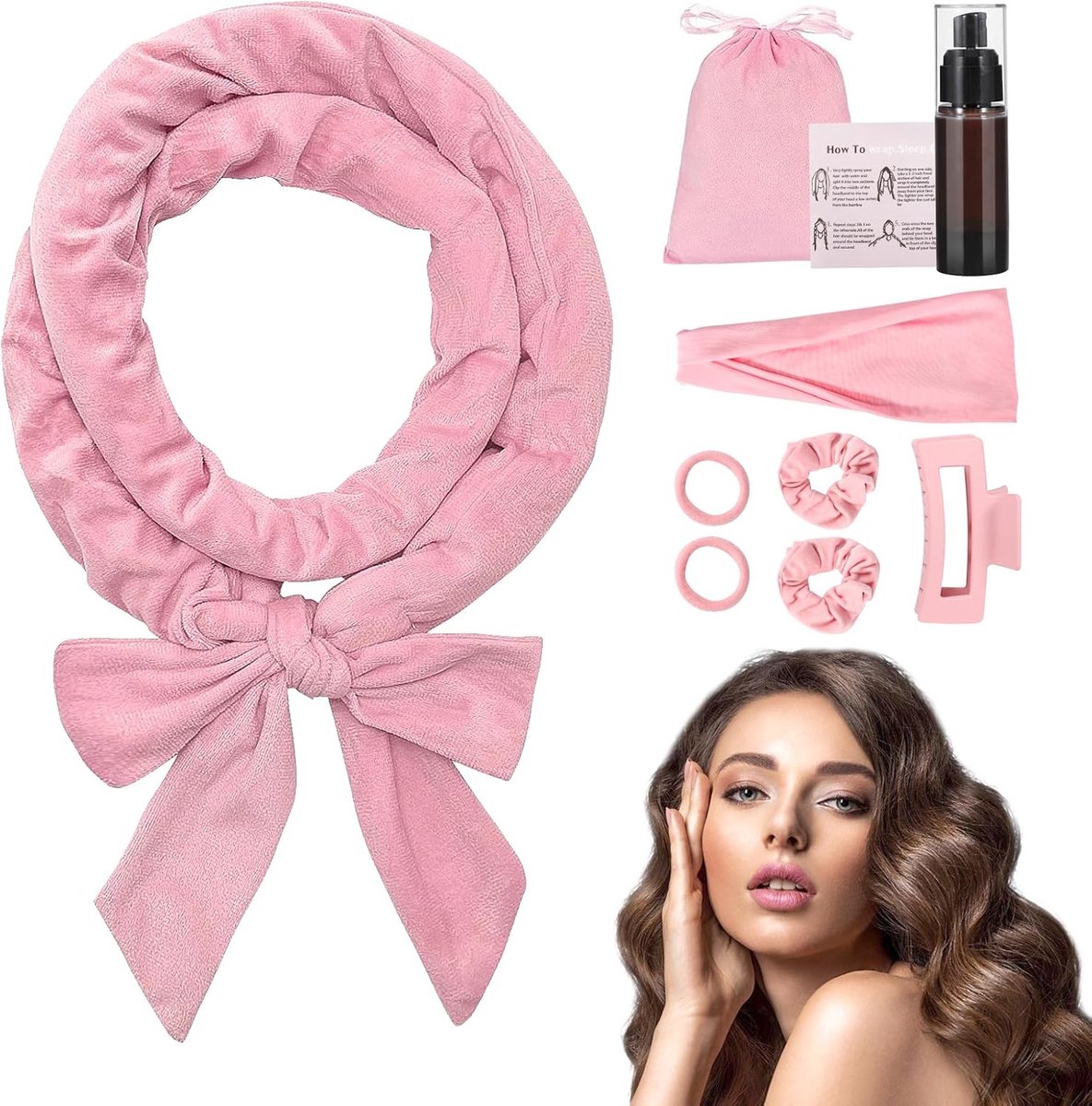 Krulspelden, krullen zonder hitte, nieuwe krulspelden 's nachts, velours, antislip, hitteloze krulband voor middellang en lang haar, roze