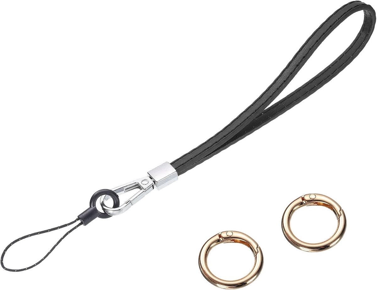 Glad lederen polsband, antislip polsriem voor handtas, mobiele telefoon, sleutelhanger, portemonnee (zwart), Zwart, 22 x 0,6 cm/8,7 x 0,2