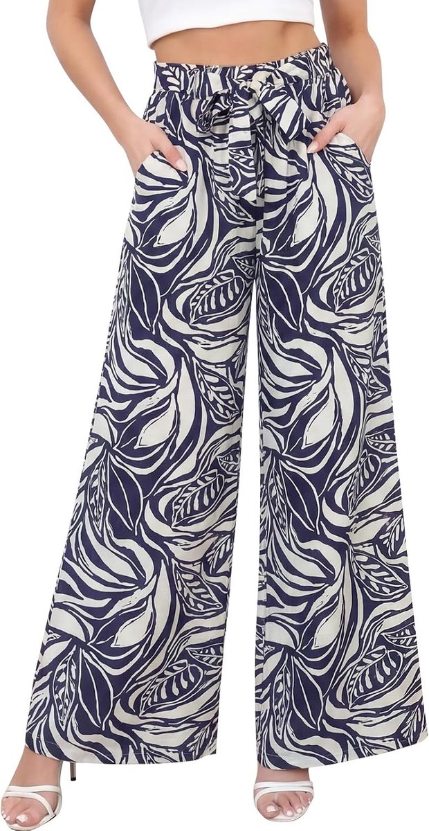 Vrouwen Broek Elastische Hoge Wasited Palazzo Broek met Zakken Dames Elegante Losse Lounge Zomer Casual