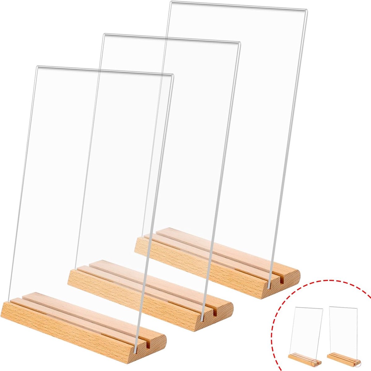3 stuks acrylstandaards A4, met uitneembare houten voet, menustandaard, dubbelzijdig, voor restaurants, winkels, hotels