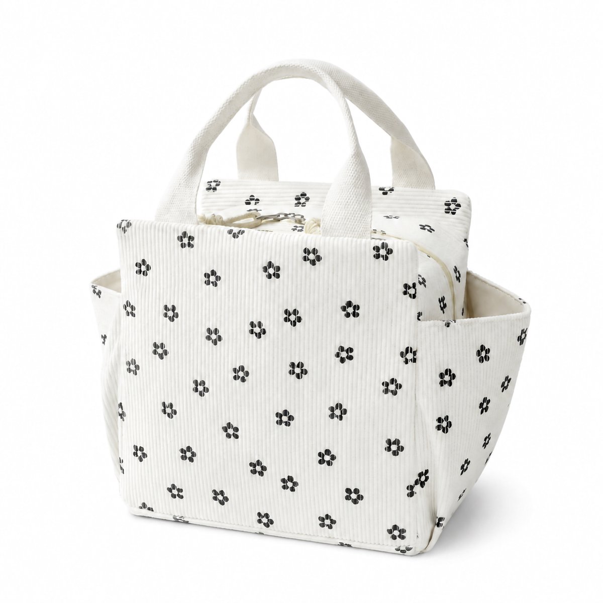 Rainbecom – Koeltassen - Lunchtas Koeltas 12L - Geïsoleerde Lunchbag van Corduroy met 2 Zijvakken - Voor Werk, Picknick, Reizen en Dagelijks Gebruik - 26 x 18,5 x 25 cm - Beige met Zwarte Bloemen