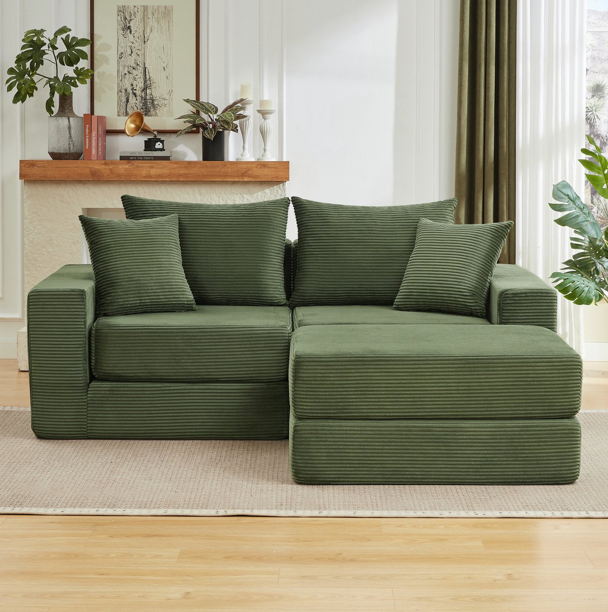 FloraGrace Slaapbank – Modulaire 3-Zits Hoekbank Van Cordstof – Met Rechts Geplaatste Chaise Longue, Zachte Vulling & Antislipbasis – Groen