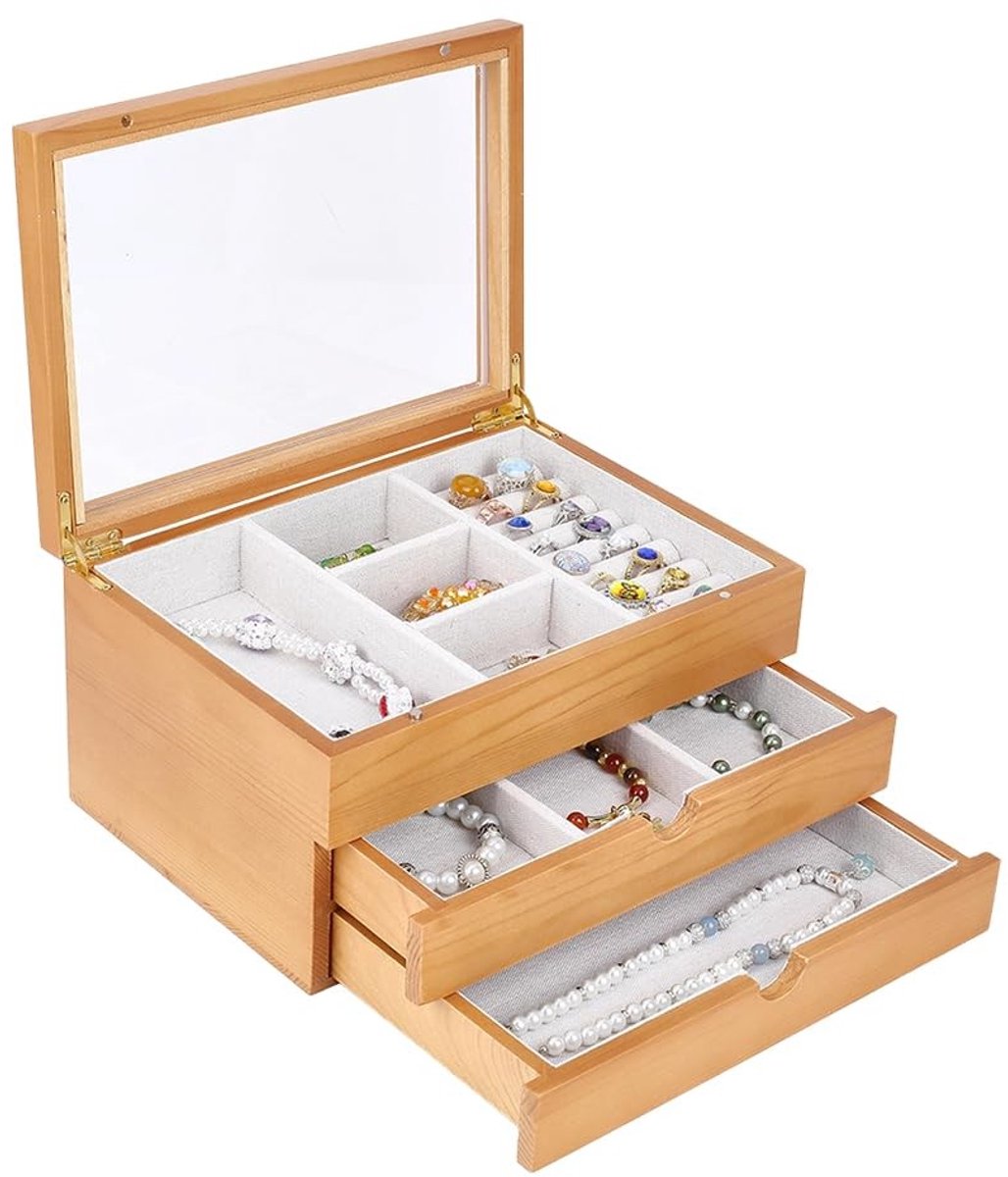 Omgoods - Ring Sieradenbox van Hout met Glazen Deksel - Vintage Organizer voor Oorbellen en Kettingen
