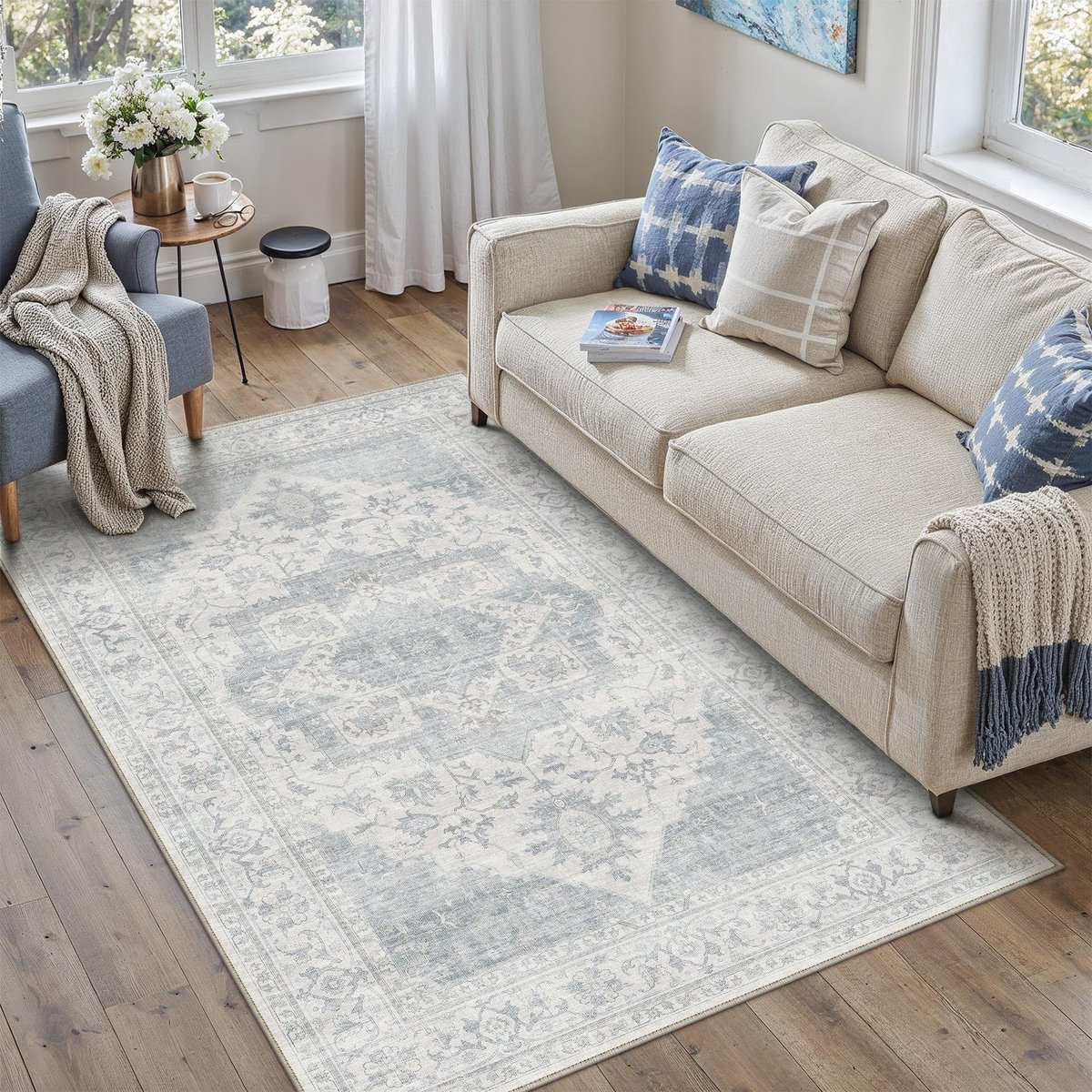 Omgoods - Vintage Blauw Vloerkleed 120x170cm - Wasbaar en Antislip voor Diverse Ruimtes