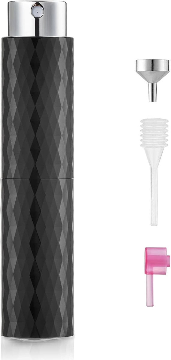Navulbare Parfumverstuiver 8 ml, Zwarte Aluminium Parfum Atomizer met Glazen Binnenfles, Draaibare Reis Parfumfles voor Handtas, Vakantie, Cologne en Aftershave