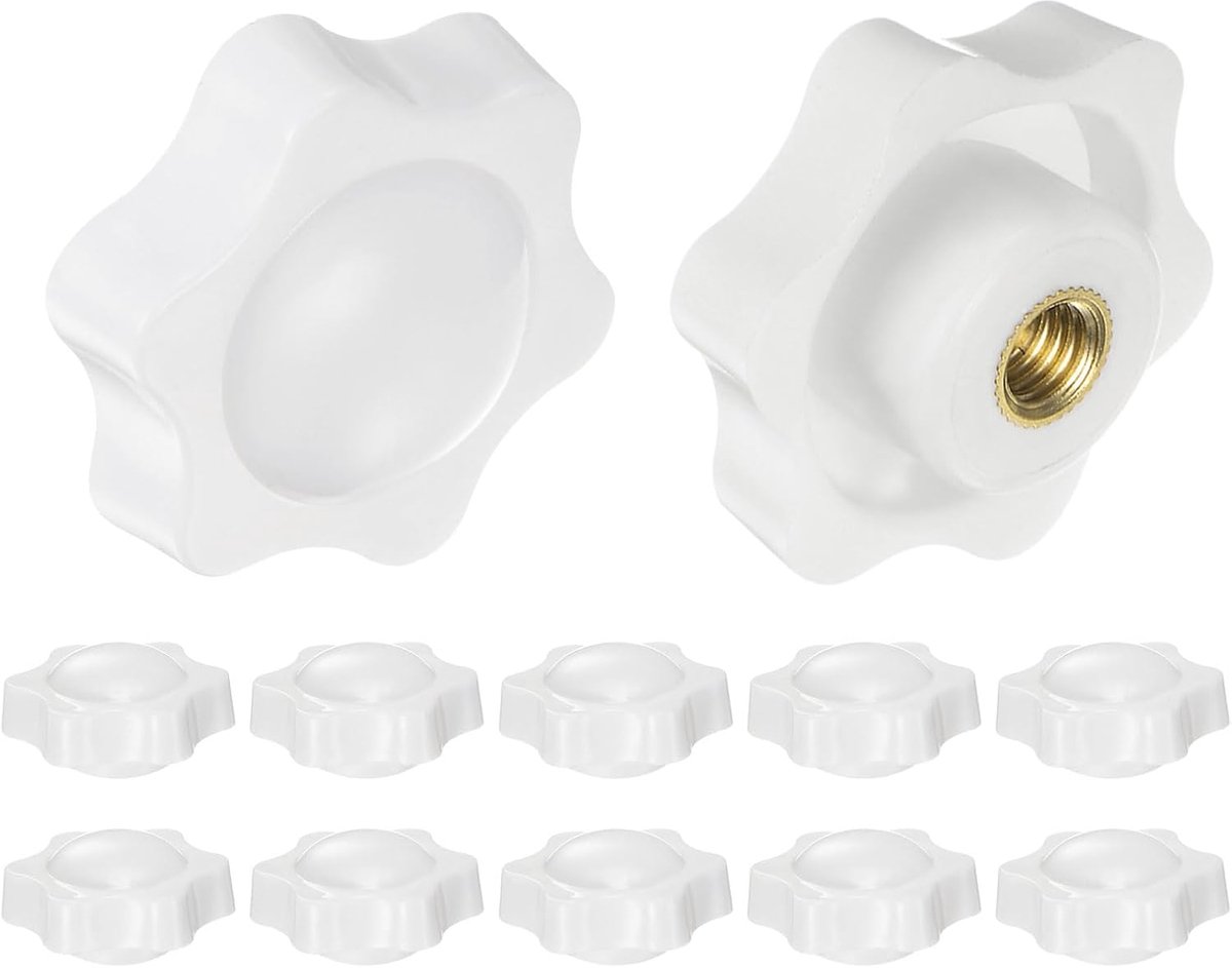 12 stuks sterknoppen M6 binnendraad 38 mm kunststof kop met 6 punten inzetstuk van messing gat zonder lus schroefdraad vergrendelingsgreep, wit
