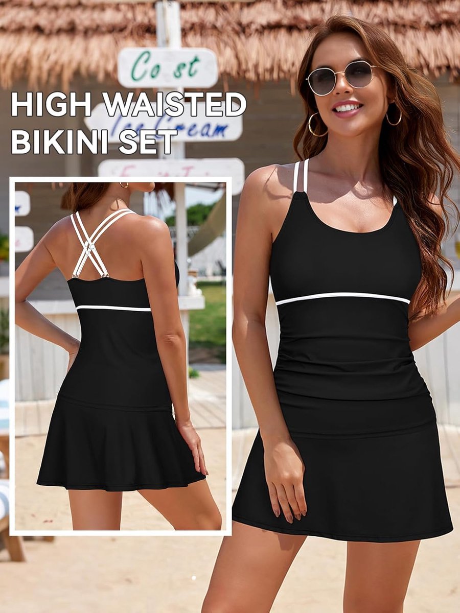 Tankini voor dames, U-hals, tweedelig, buikweg-badpak, tankini, bovendeel met rok, elegante badmode, zomer, badpak, strandmode