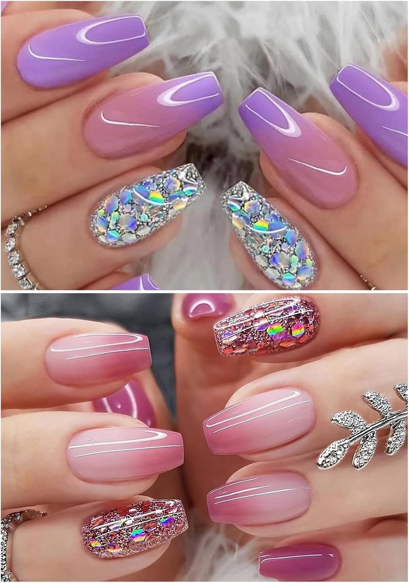 Kunstnagels om op te plakken, 2 stuks, 48 stuks, middellang, doodskist, Franse press-on nagels, volledige cover, kunstnagels, roze, paars, kleurverloop, glitter, acrylnageltip, glanzende
