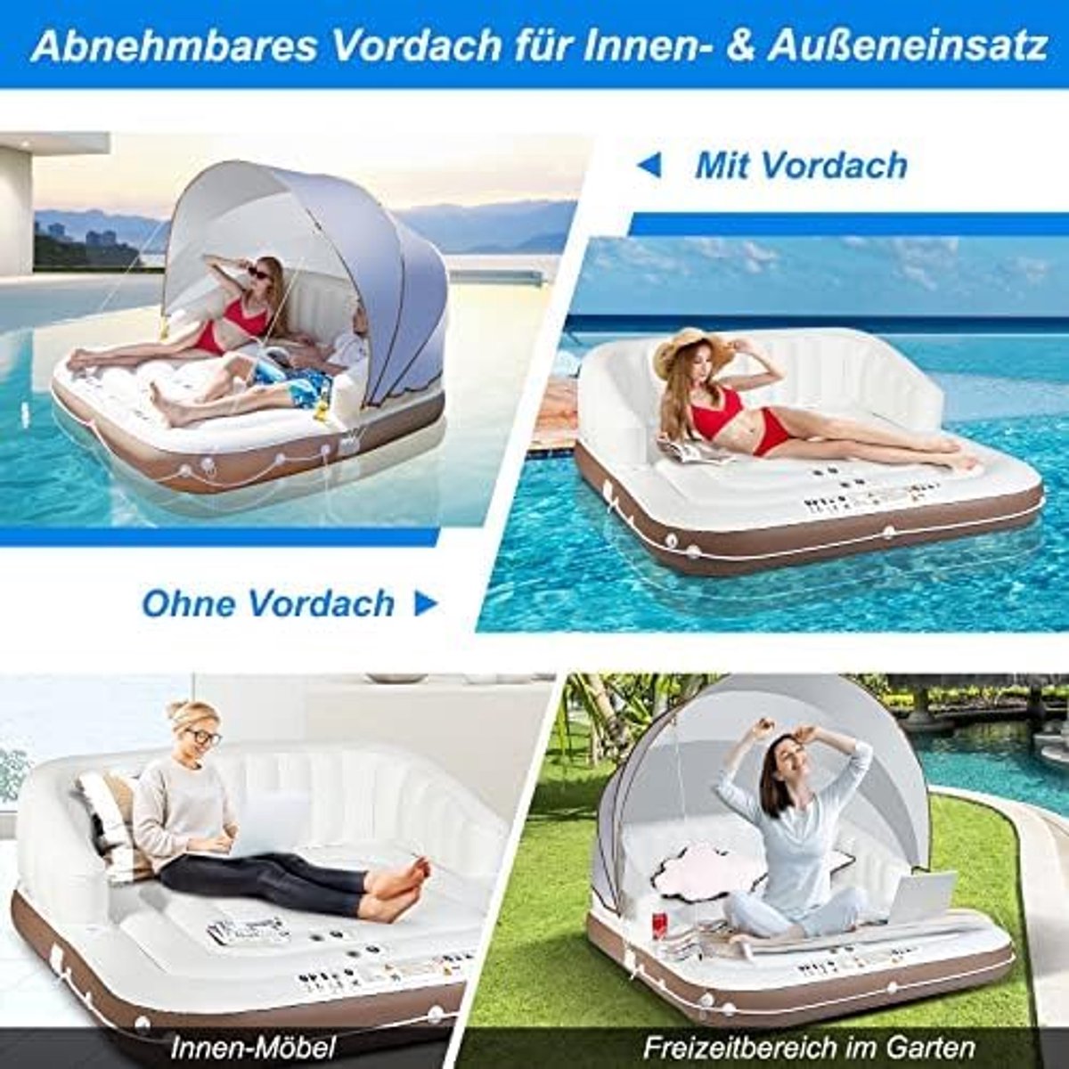 Luxe eilandbed XXL, opblaasbaar zwemeiland met intrekbare en afneembare overkapping, badeiland met 2 bekerhouders 180 x 180 x 160 cm, wit, bruin, zilver