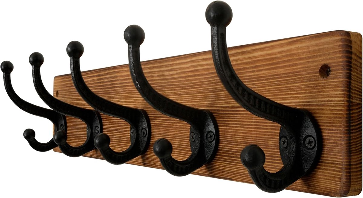 Kledinghaken, 5 gietijzeren haken, jumbo-formaat, wandgarderobe voor mantels en jassen, rustiek bruin