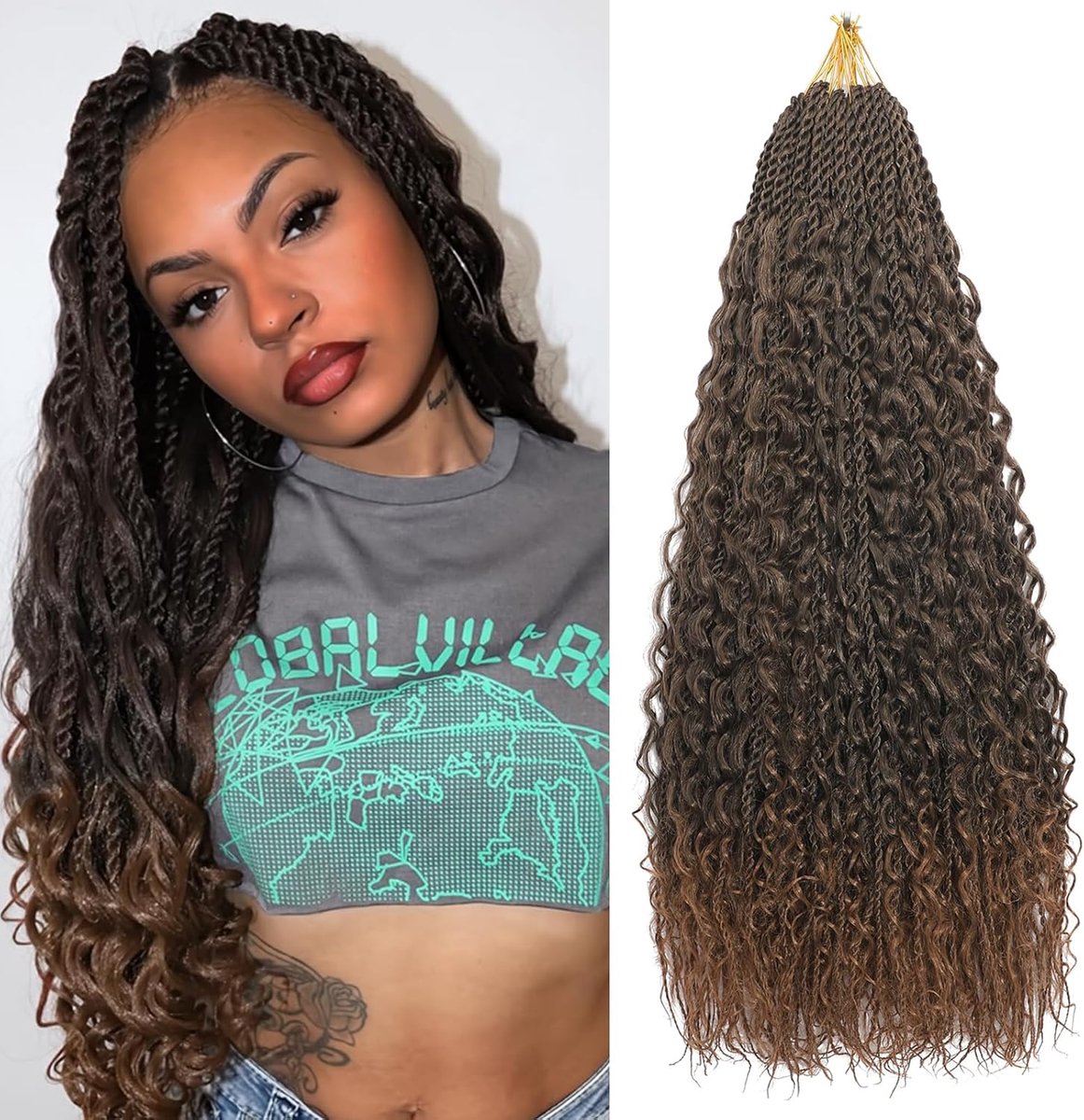 Boho Box Braids Crochet hair 18 Inch 8 Packs Pre Looped Water Wave Crochet Hair for Women Hair Extension (T30, 18 Inch(8 Packs))