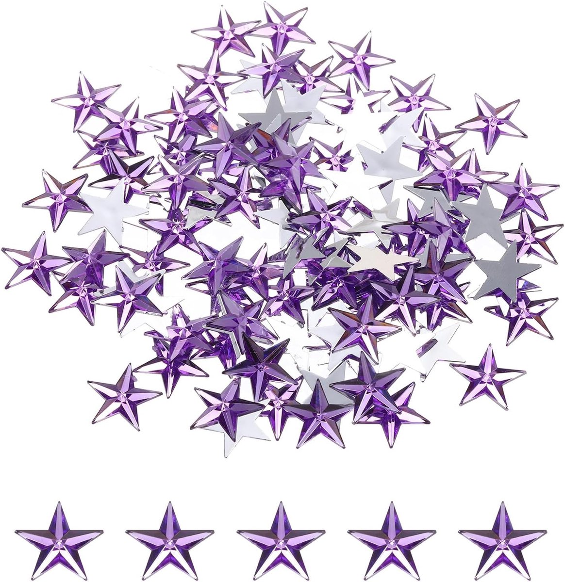 100 stuks acrylsterren, 14 x 14 mm, platte achterkant van kunststof, stickers voor sieraden om te knutselen, gezichtsbeschildering, kostuumsieraden, lichtpaars