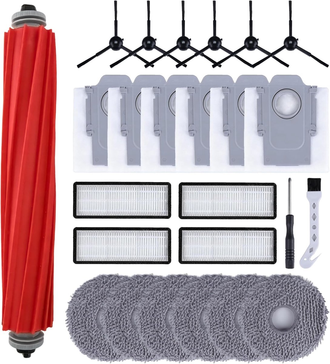 25 Stuks Vervangingsdelen voor Roborock Qrevo S/Qrevo Pro/Qrevo MaxV, 1 Hoofdborstel 6 Stofzakken 6 Reinigingsdoeken 4 HEPA-Filters 6 Zijborstels 1 Reinigingsborstel 1 Schroevendraaier