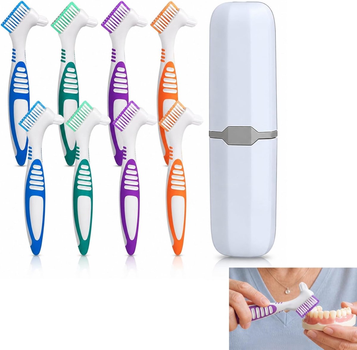 Protheseborstel 8 Stuks, 16 Cm Draagbare Reinigingsborstels Voor Kunstgebitten, Meerlaagse Borstels En Ergonomische Rubberhandgreep Met Draagbare Tandborsteldoos Voor Gebitsverzorging