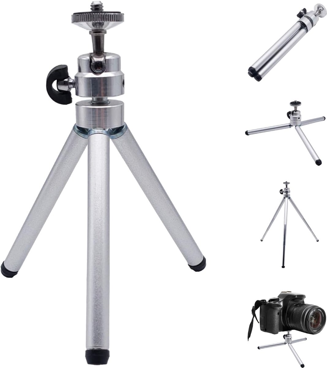 3-in-1 Opvouwbaar Mini-statief | Verstelbare Hoogtes 7/14/26 cm | 360° Kogelkop Rotatie | Geschikt voor DSLR, Spiegelloze Camera's, Smartphones | Compact & Draagbaar, Zilver, Metaal