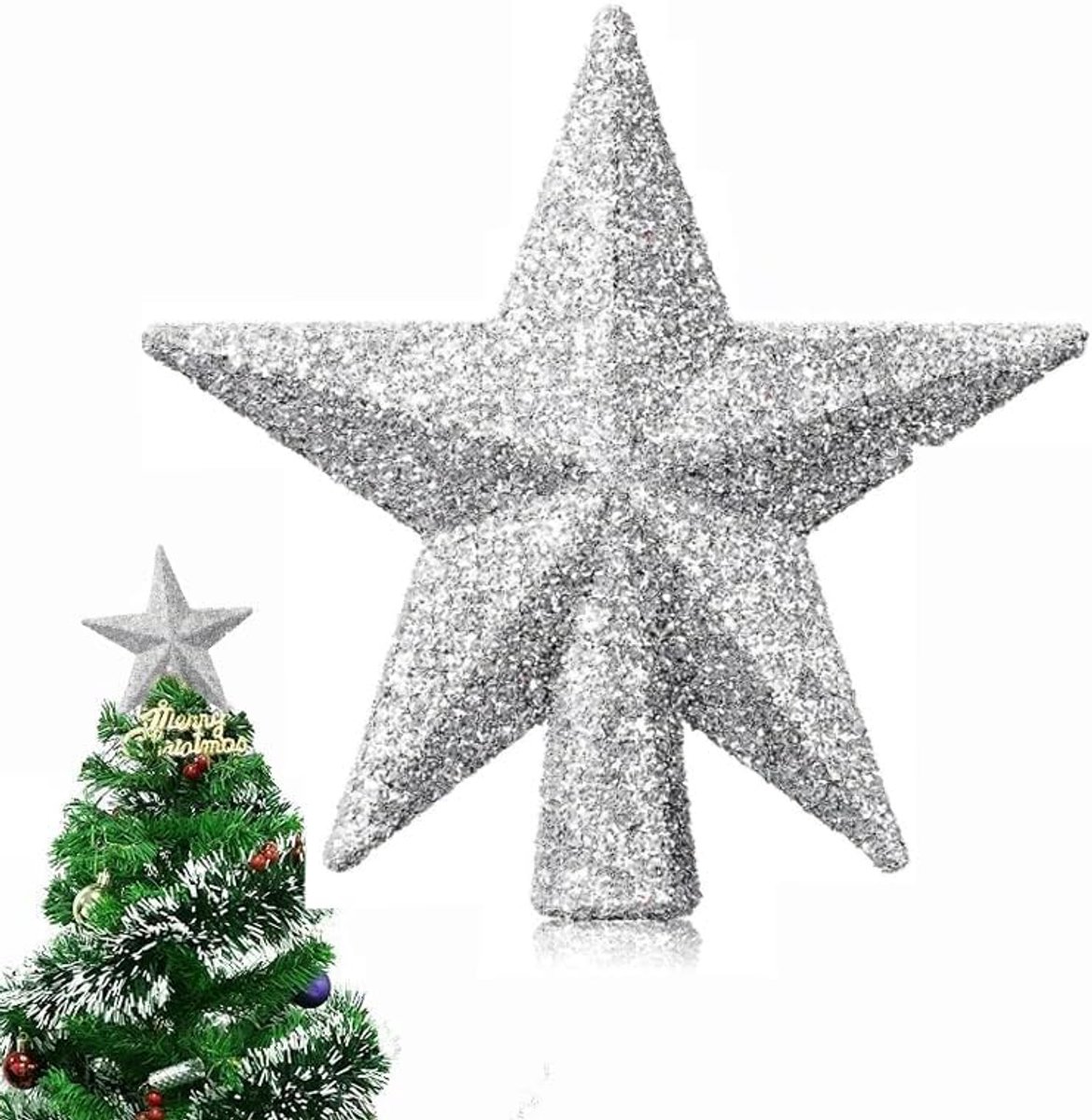 topper met zilveren glitter, kerstboom topper in stervorm De kerstboomversiering kerstboomster - kerstboomversiering van kunststof topper voor kerstboomdecoratie