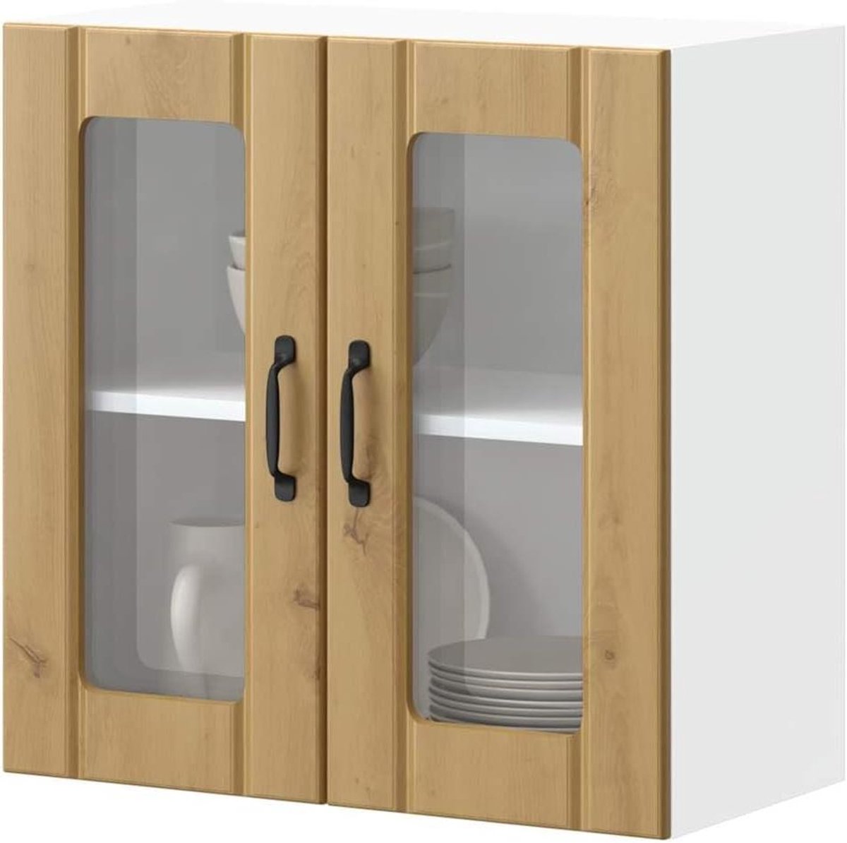 Keukenwandkast Glazen Deur - Keukenkast Wandmontage - Keuken Organiseren - Ambachtelijk Eiken Afwerking - 60 x 31 x 60 cm