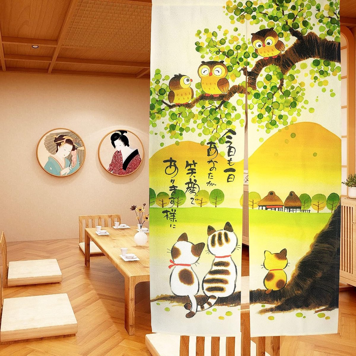 Japanse stijl Noren lange deuropening gordijn deur tapijt voor huisdecoratie 85,1 x 149,9 cm (uilen en katten en berg)