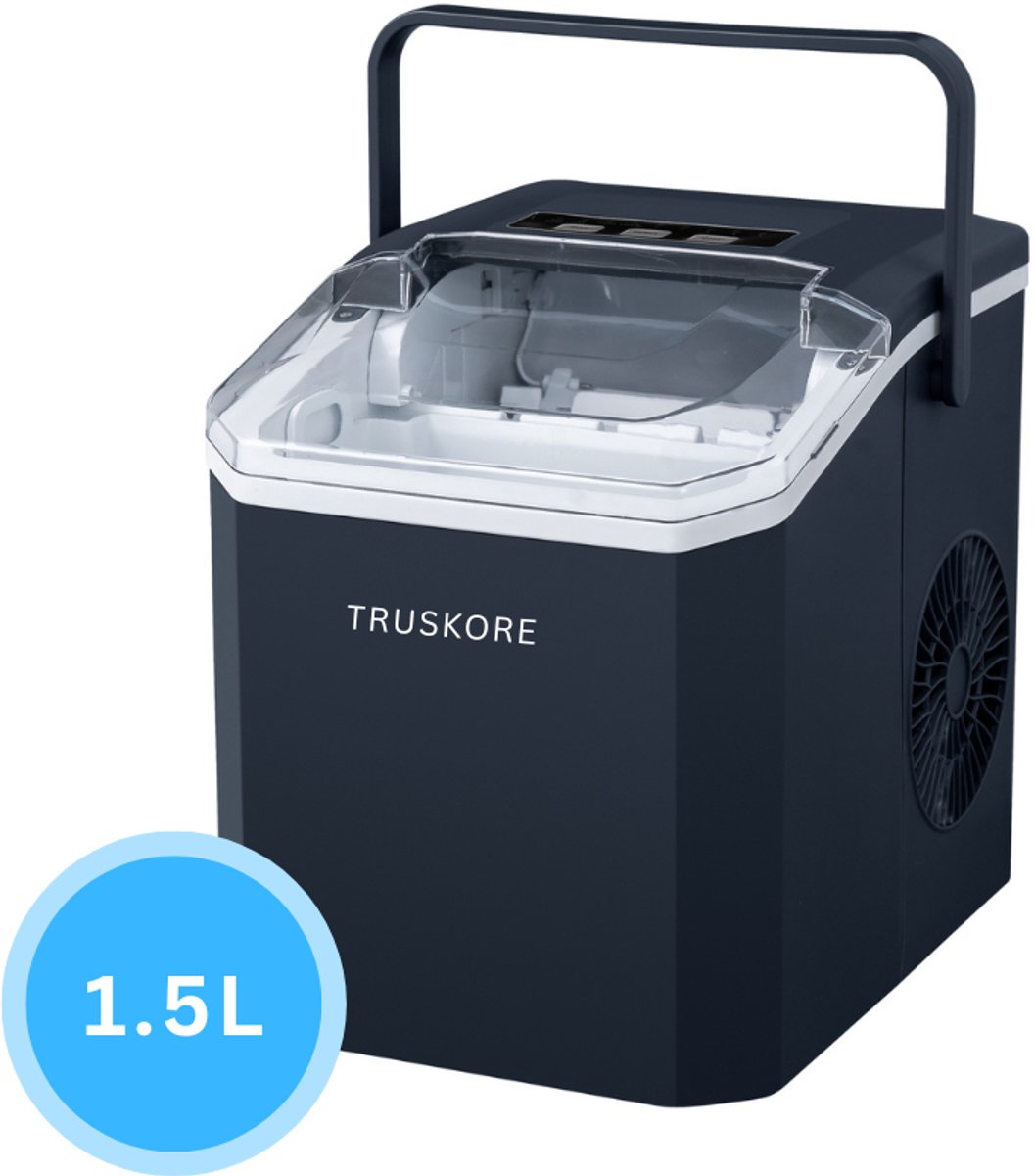 Truskore IJsblokjesmachine – IJsblokjesmakers – Snel IJs in Slechts 6-8 Minuten – 1,5L Waterreservoir – 2 IJsblokjesformaten – Met IJsschep – Compact & Stil – Zwart