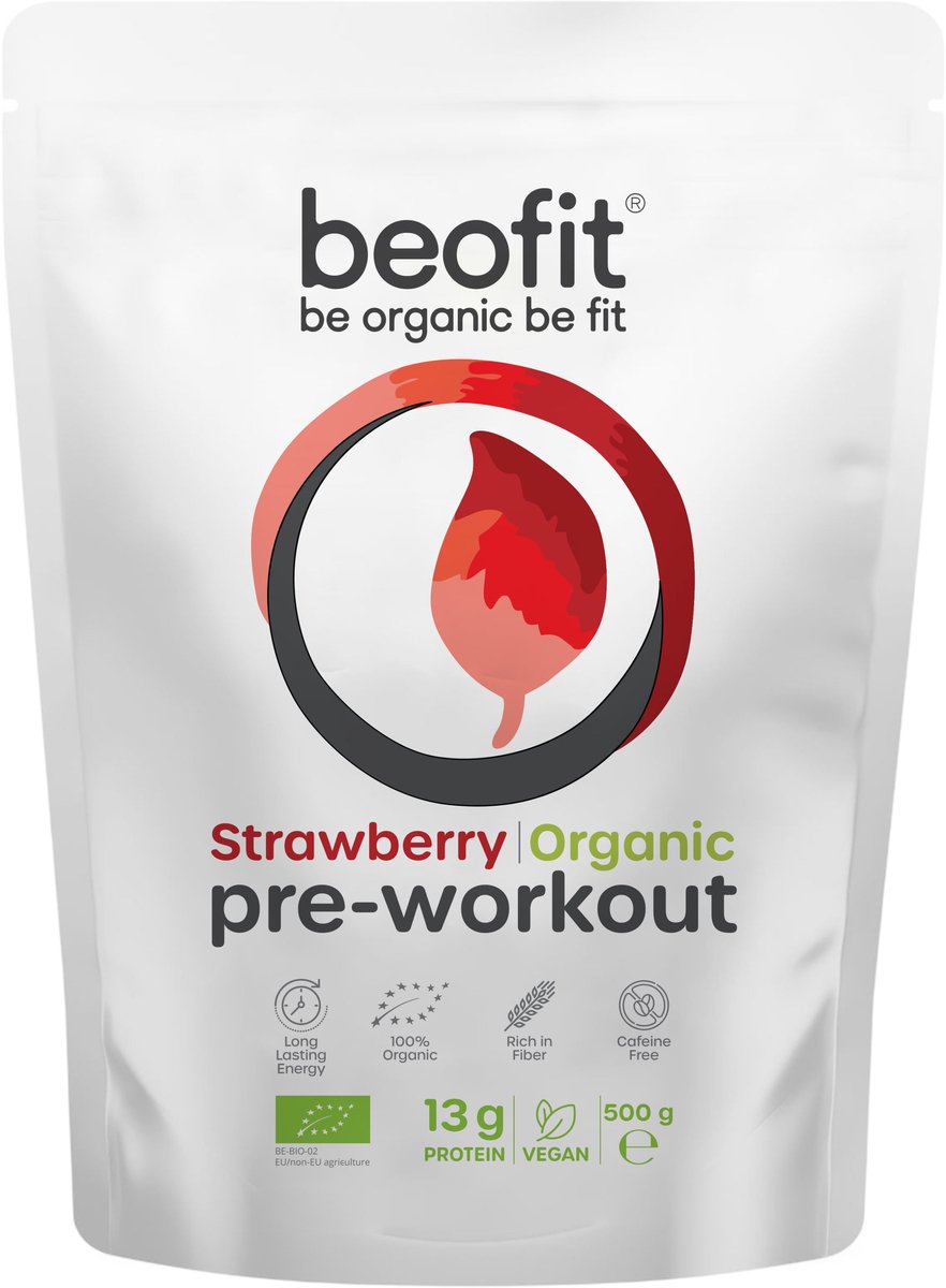 Beofit Pre-Workout Aardbei 500g - Cafeinevrij Biologisch Vegan