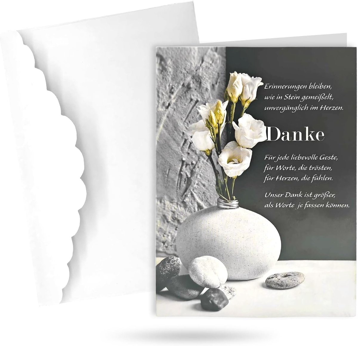 10 Condoleancebedankkaartjes met tekst en envelop, Sympathiekaartjes met envelop, Bedankkaartjes voor condoleances, Witte bloemen en stenen, Condoleancekaart (opvouwbaar)