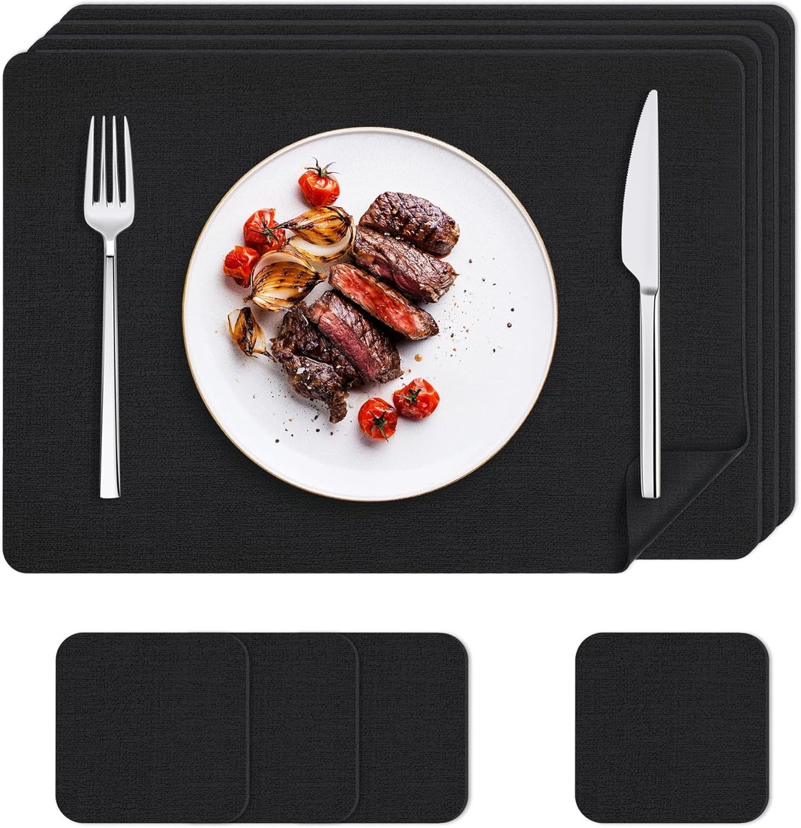 placemats Afwasbaar 4 stuks placemats Lederlook met onderzetters 43×30 cm, zwart