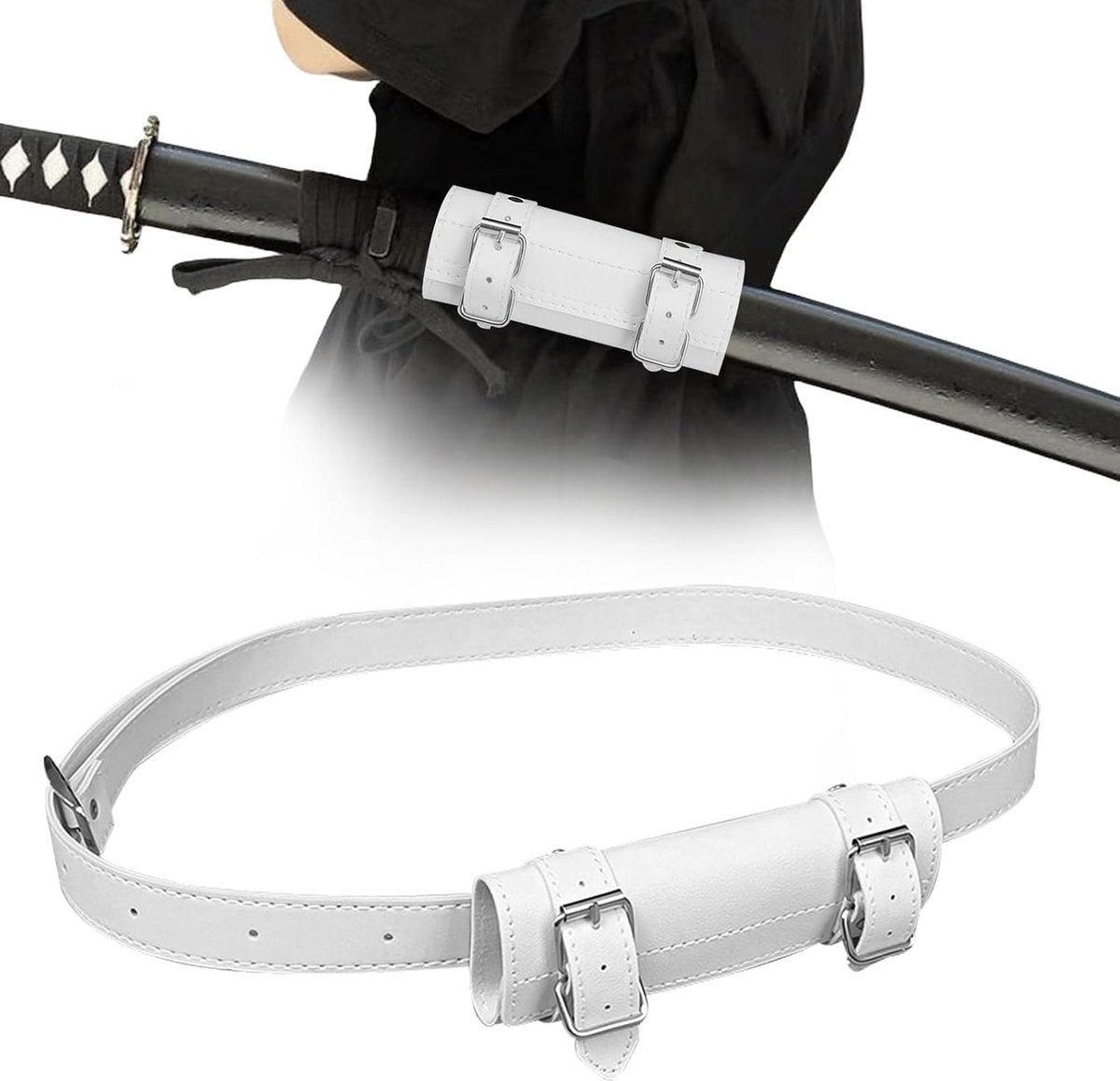 Katana Zwaardhouder met riem, 110 cm, PU-leer, verstelbaar, voor re-enactments, cosplay en samurai liefhebbers, wit