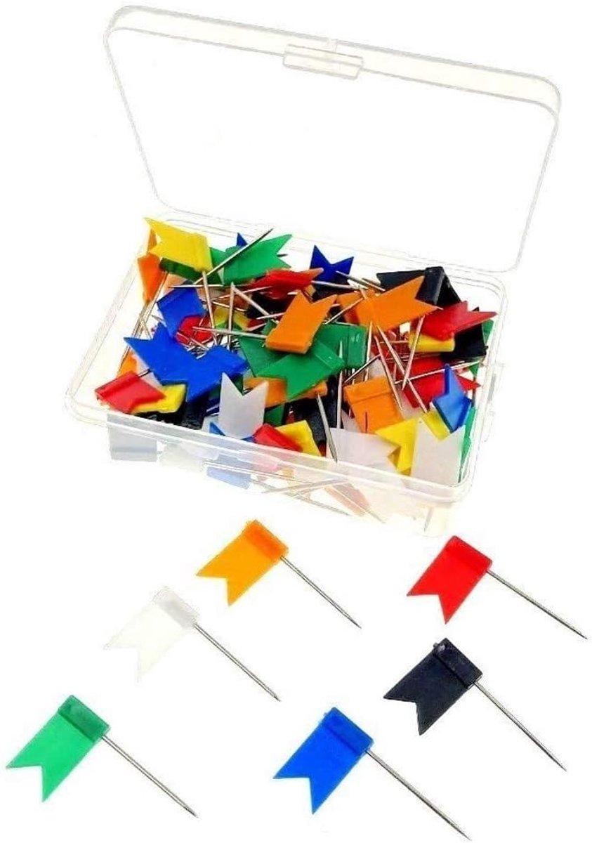 100 x veelkleurige vlaggenhoofd push pins kaart nagelspelden met doos, voor kurk bulletin board kaart aanslagbord kurkbord prikbord