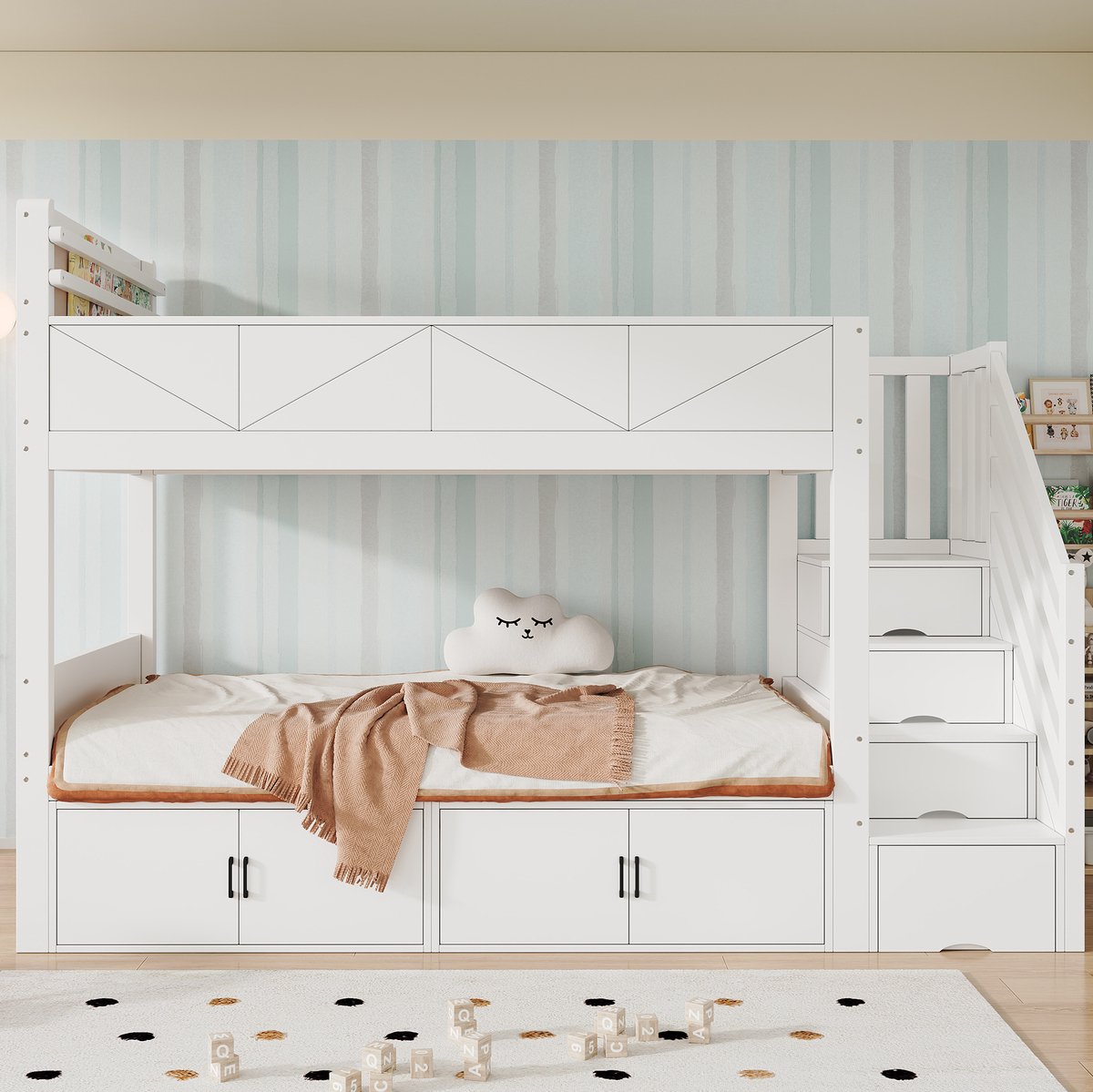 MIVRAY Stapelbed 90x200 cm - Zonder Matras met Opbergtrap en Kastvakken - Verhoogde Uitvalbeveiliging voor Kinderkamer - Hout MDF Spaanplaat - Wit