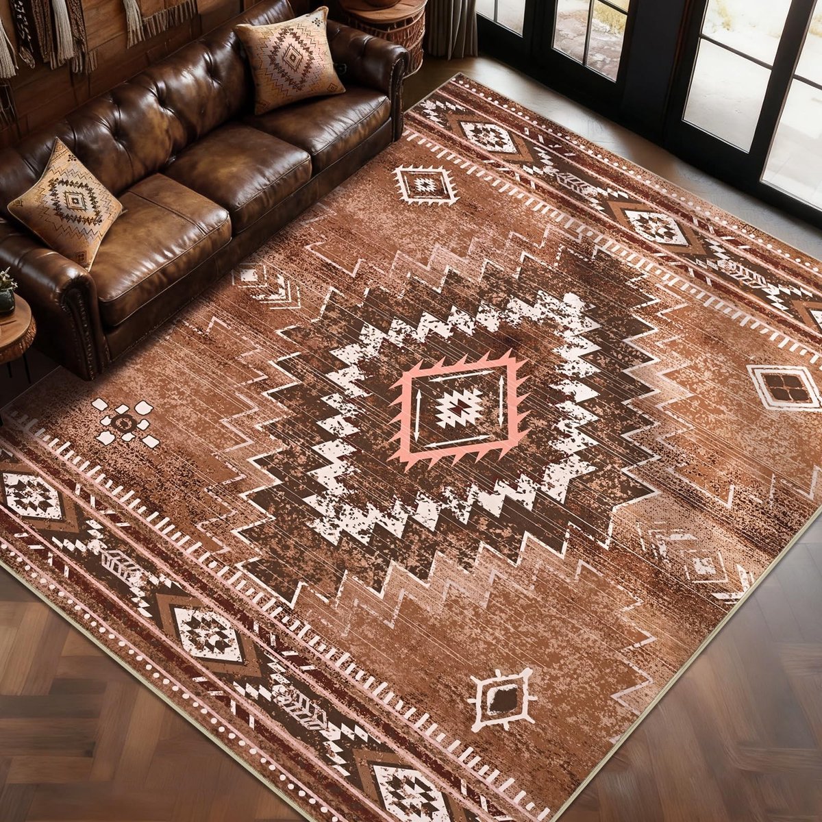 Omgoods - Vintage Geometrisch Vloerkleed - Wasbaar en Antislip, Bruin 160 x 230 cm
